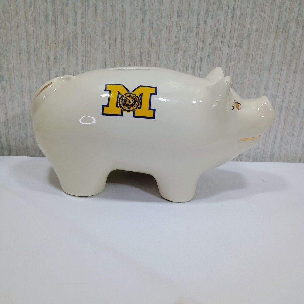 University of Michigan Wolverines Ceramic Piggy Bank Coin Bank U‑M Logo Vintage